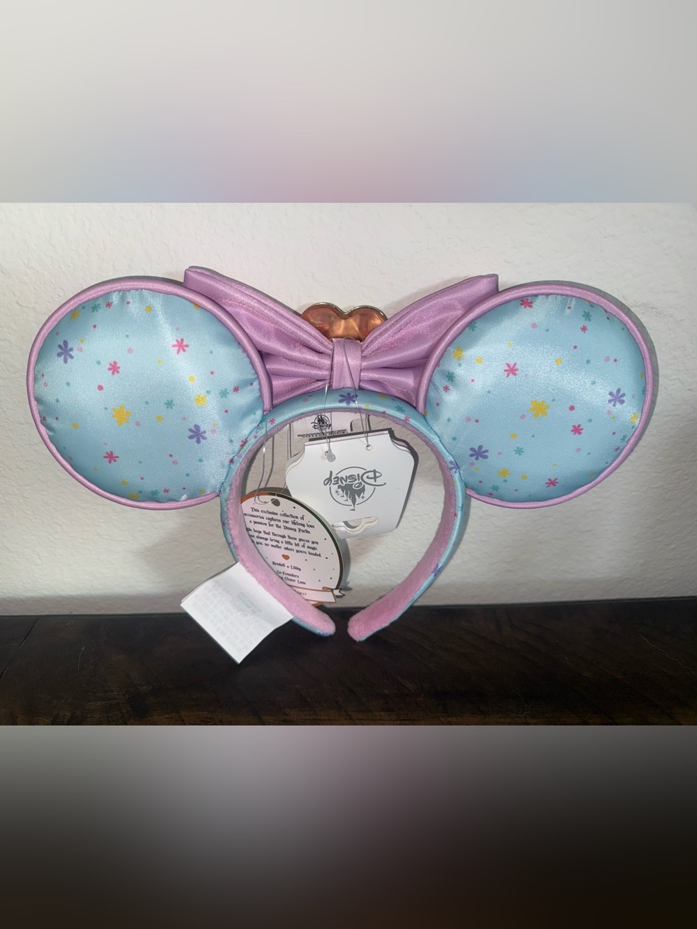 Disney Pastel Blue Minnie Ears Headband with Shimmery Pink Bow - Picture 5 of 6